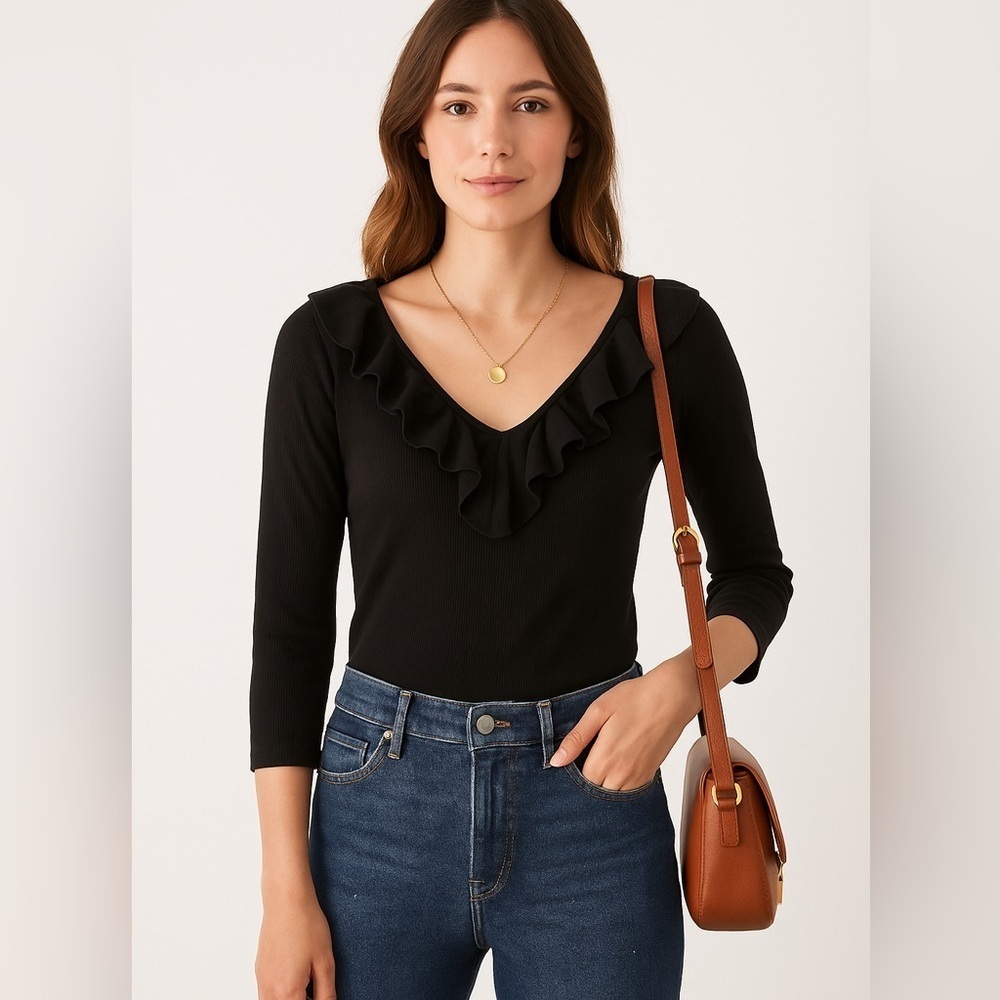 Lauren Ralph Lauren Black Ruffle Neck 3/4 Sleeve Top Size M